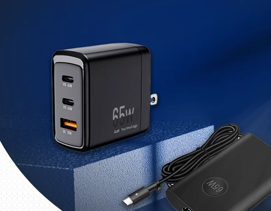HYASIC PD fast-charge application key visual: a 65 W multi-port charger and a laptop adapter
