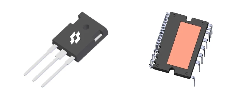 Renderings of a discrete IGBT in a TO-247 package and an IGBT power module