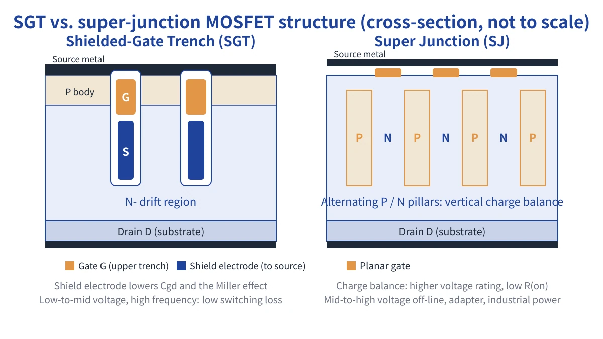 Cross-section diagram of SGT and super-junction MOSFET structures: trench gate with shield electrode versus P/N charge-balance pillars