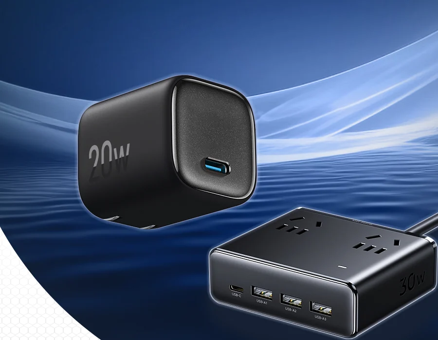 HYASIC AC/DC adapter application key visual: a 20 W charger and a multi-port power strip