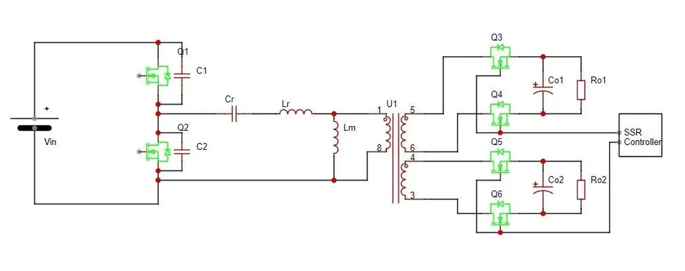 300 W / 100 kHz LLC dual-output circuit outline, with Q3–Q6 using SMT4003AHPWQ