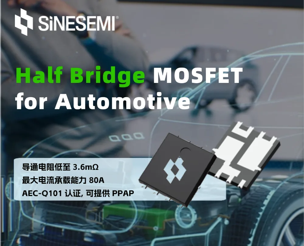SineSemi banner for its automotive half-bridge MOSFETs, calling out 3.6 mΩ on-resistance, 80 A current handling and AEC-Q101 qualification