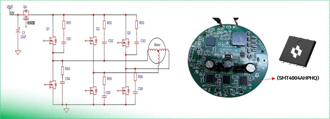 Three-phase motor-drive schematic for an automotive water pump, alongside the driver board fitted with SMT4004AHPHQ