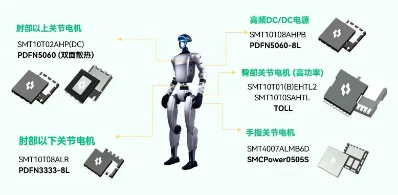 SineSemi SGT MOSFET part numbers mapped to humanoid joint motors and DC/DC power stages