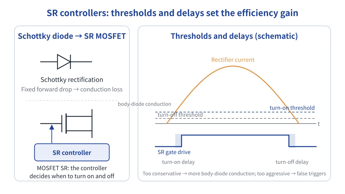 Synchronous rectification diagram: Schottky rectification versus SR MOSFET with controller, and a waveform showing turn-on/turn-off thresholds and delays