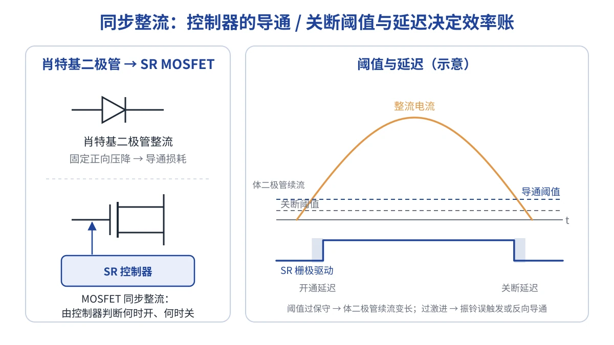 同步整流示意图:肖特基二极管整流与 SR MOSFET 加控制器的对比,以及导通 / 关断阈值与延迟的波形示意