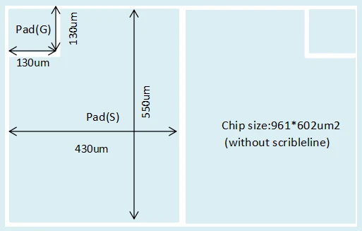 Diagram of chip — SYN8205W3 die layout, Pad(G) 130×130 μm, Pad(S) 430×550 μm, chip size 961×602 μm² without scribe line